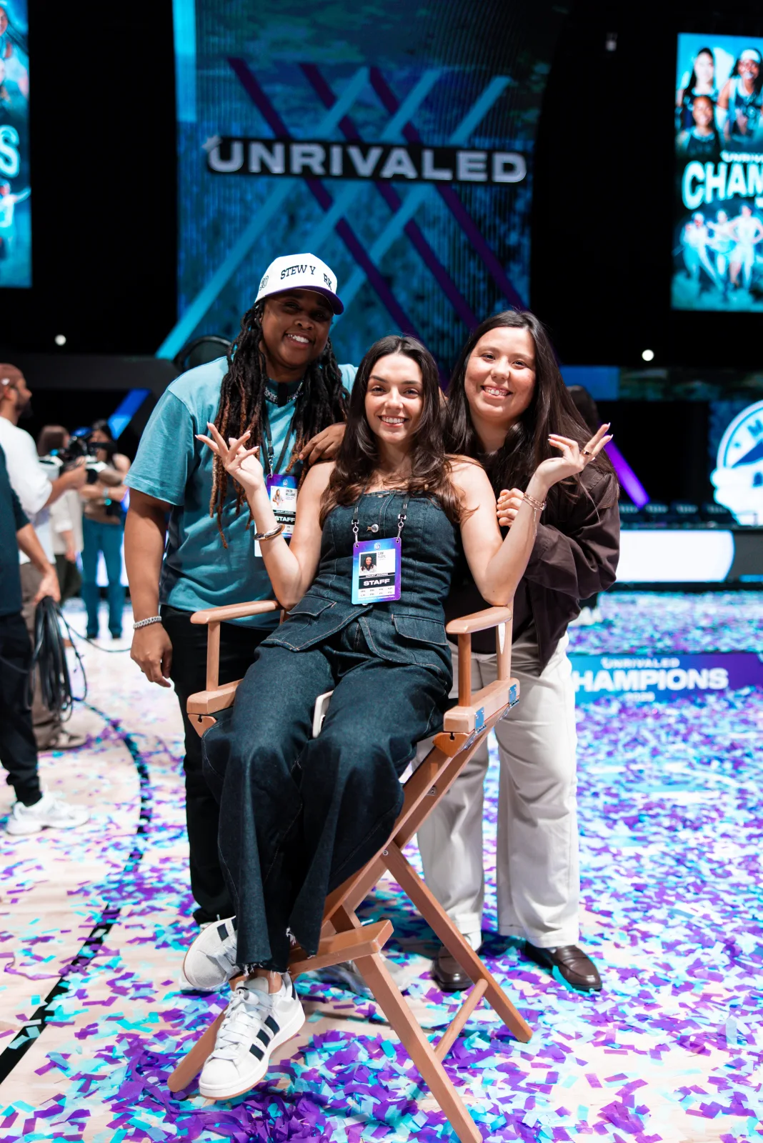 Camilla Flefil celebrating the Unrivaled Basketball championship with colleagues and confetti